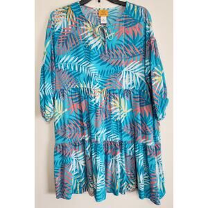 Ruby Rd. Blue Tropical Print 3/4 Sleeve Knee-Length Shift Dress Size M